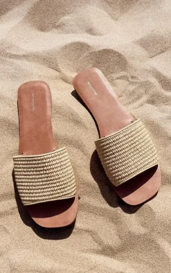 PrettyLittleThing Flat Sandals*Pu Square Toe Raffia Strap Flat Sandals