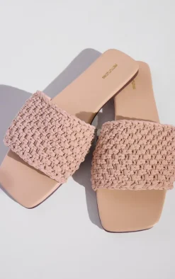 PrettyLittleThing Flat Sandals*PU Square Toe Slip On Crochet Flat Sandals