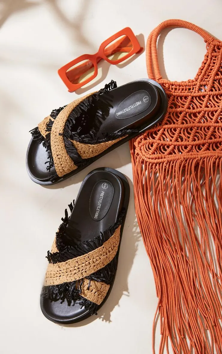 PrettyLittleThing Slides*Raffia Criss Cross Fringe Slides