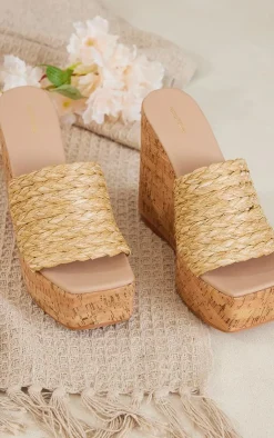 PrettyLittleThing Heeled Sandals*Raffia Woven Strap Wedge Heeled Sandals