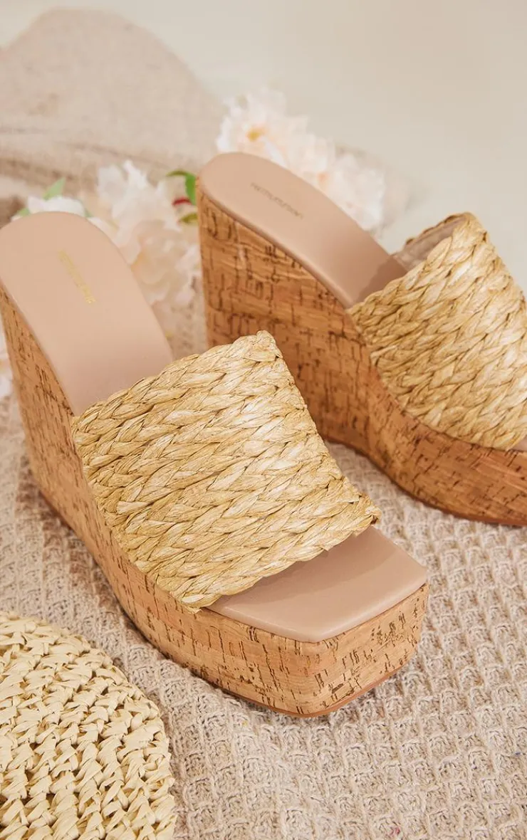 PrettyLittleThing Heeled Sandals*Raffia Woven Strap Wedge Heeled Sandals