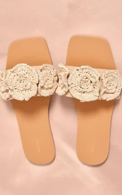 PrettyLittleThing Flat Sandals*Square Toe Crochet Flower Flat Sandals