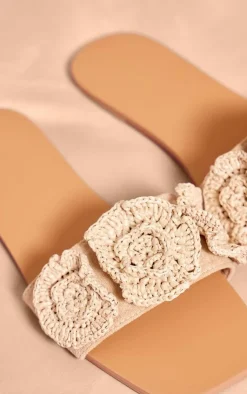 PrettyLittleThing Flat Sandals*Square Toe Crochet Flower Flat Sandals