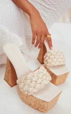 PrettyLittleThing Platform Sandals*Square Toed Woven Raffia Strap Cork Platform Heeled Sandals