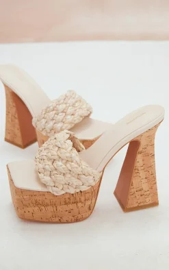 PrettyLittleThing Platform Sandals*Square Toed Woven Raffia Strap Cork Platform Heeled Sandals