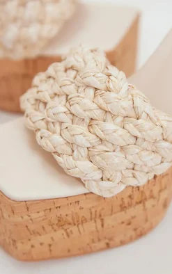 PrettyLittleThing Platform Sandals*Square Toed Woven Raffia Strap Cork Platform Heeled Sandals