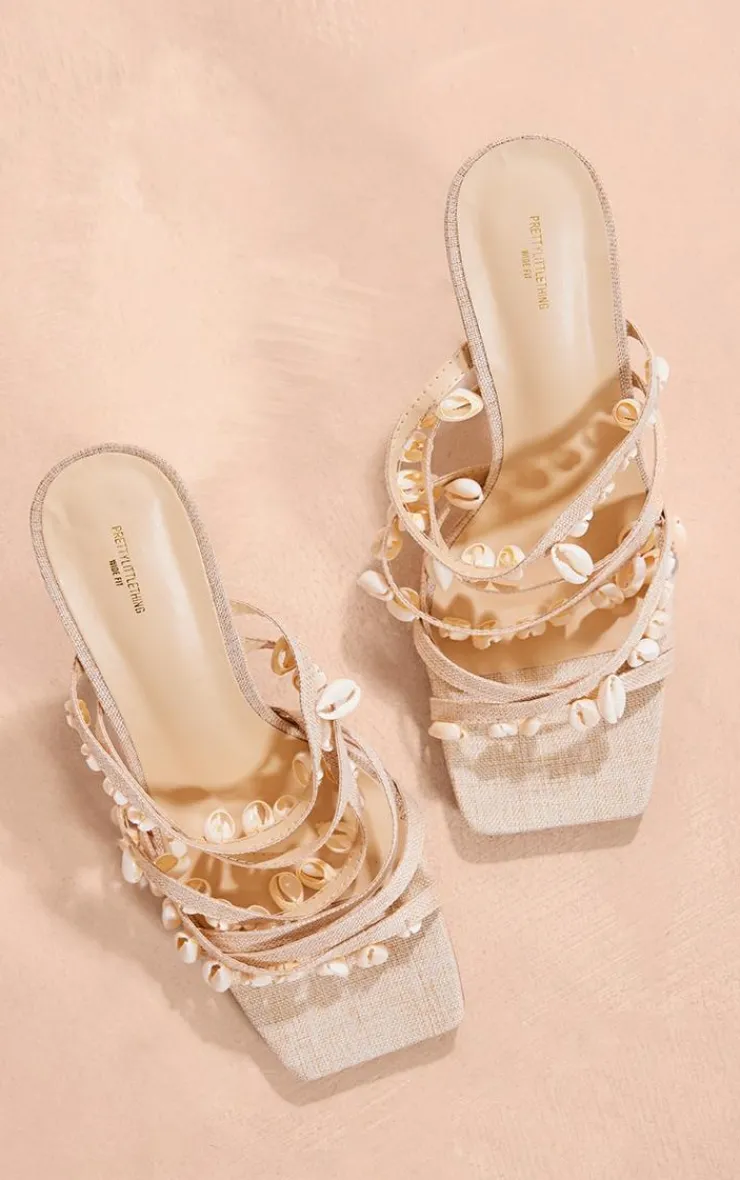 PrettyLittleThing Wide Fit Sandals*Wide Fit Linen Square Toe Shell Strap High Heeled Sandals