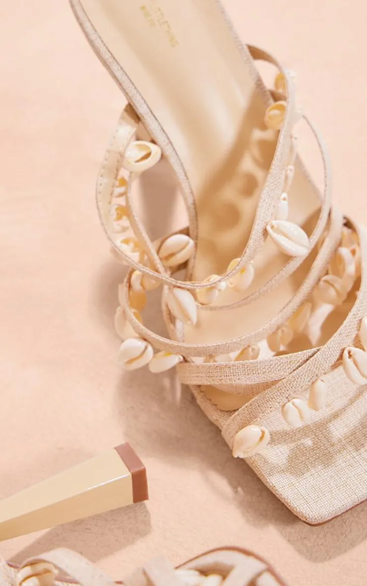 PrettyLittleThing Wide Fit Sandals*Wide Fit Linen Square Toe Shell Strap High Heeled Sandals