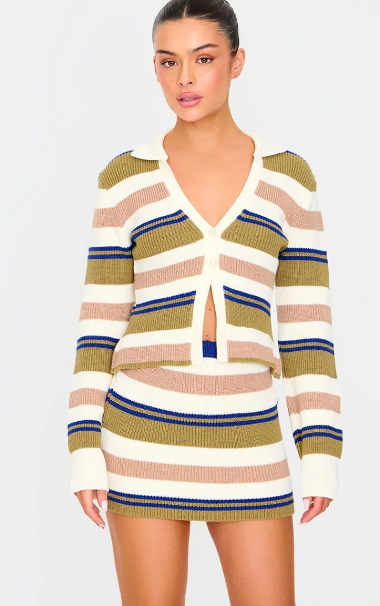 Sale PrettyLittleThing Stripe Button Through Thick Rib Knit Rugby Shirt Navy and Green
