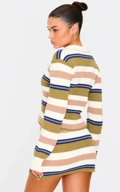 Sale PrettyLittleThing Stripe Button Through Thick Rib Knit Rugby Shirt Navy and Green