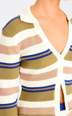 Sale PrettyLittleThing Stripe Button Through Thick Rib Knit Rugby Shirt Navy and Green