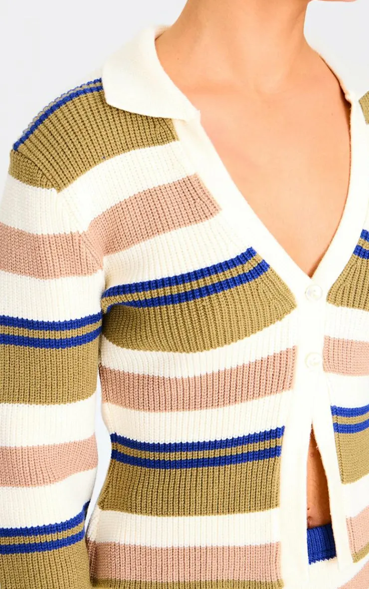 Sale PrettyLittleThing Stripe Button Through Thick Rib Knit Rugby Shirt Navy and Green