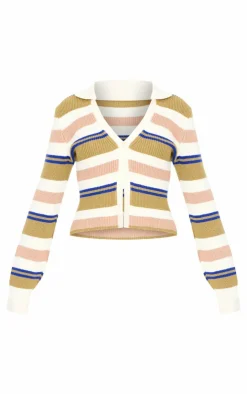 Sale PrettyLittleThing Stripe Button Through Thick Rib Knit Rugby Shirt Navy and Green
