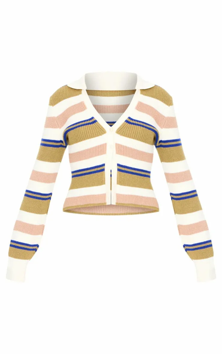 Sale PrettyLittleThing Stripe Button Through Thick Rib Knit Rugby Shirt Navy and Green