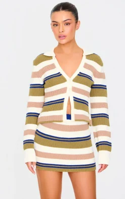 New PrettyLittleThing Stripe Thick Rib Knit Rugby Mini Skirt Navy and Green