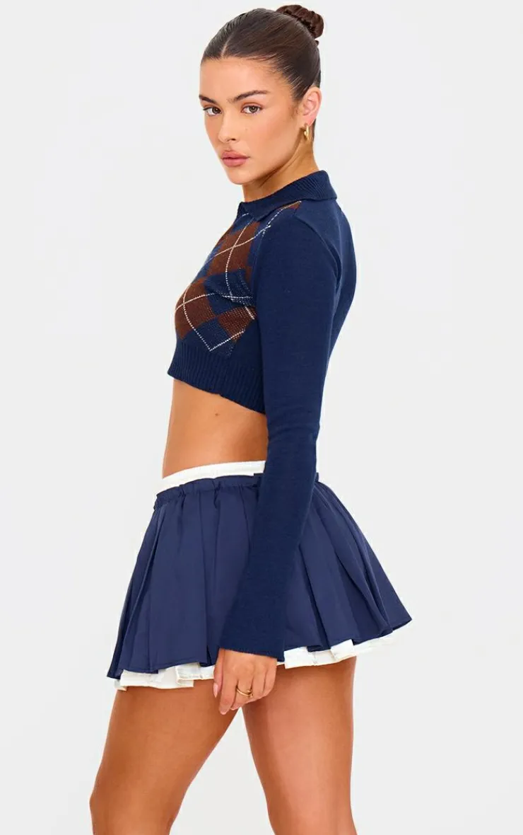 PrettyLittleThing Sweaters*Argyle Jacquard Knitted Collar Detail Cropped Sweater