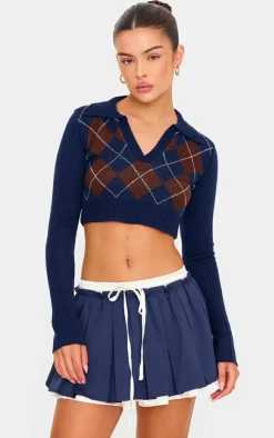 PrettyLittleThing Sweaters*Argyle Jacquard Knitted Collar Detail Cropped Sweater