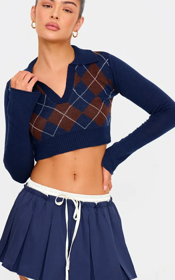 PrettyLittleThing Sweaters*Argyle Jacquard Knitted Collar Detail Cropped Sweater