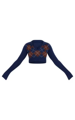 PrettyLittleThing Sweaters*Argyle Jacquard Knitted Collar Detail Cropped Sweater