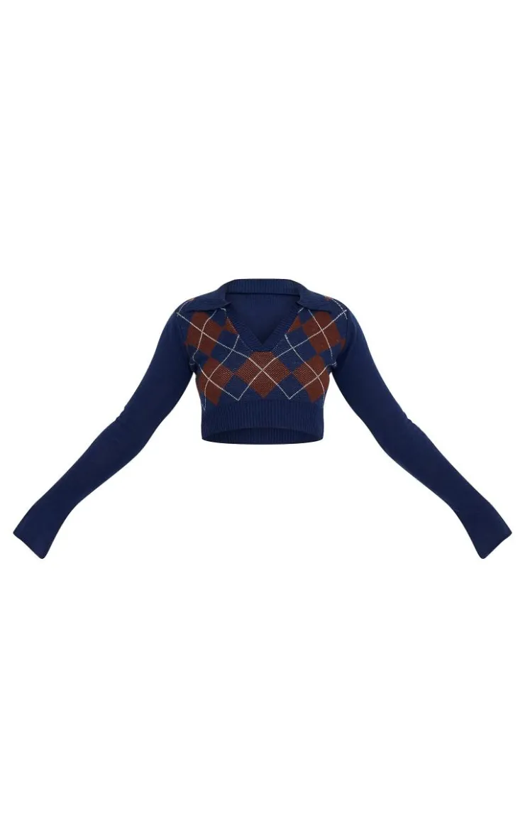PrettyLittleThing Sweaters*Argyle Jacquard Knitted Collar Detail Cropped Sweater