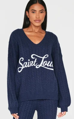 PrettyLittleThing Sweaters*Cable Knit Embroidered V Neck Sweater