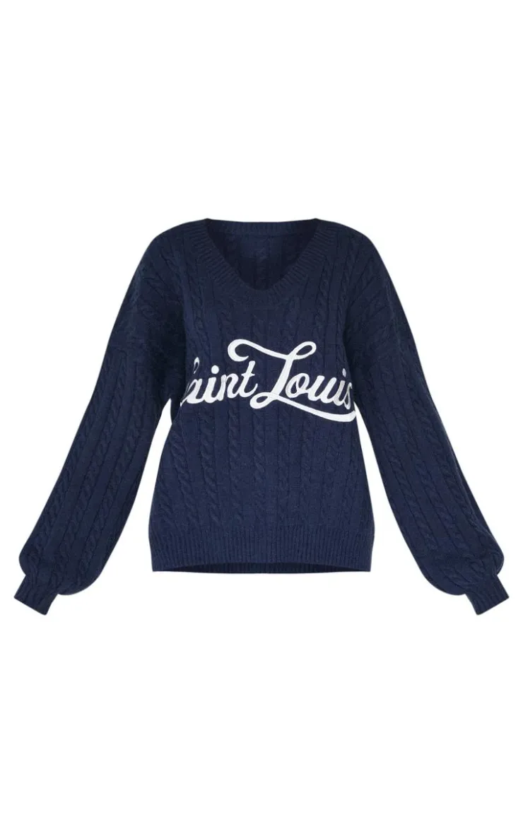 PrettyLittleThing Sweaters*Cable Knit Embroidered V Neck Sweater