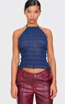 PrettyLittleThing Sleeveless Tops*Chiffon Ruched Detail Halterneck Long Line Top