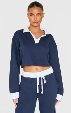 Discount PrettyLittleThing Contrast Panel Collared Cropped Sweatshirt Navy