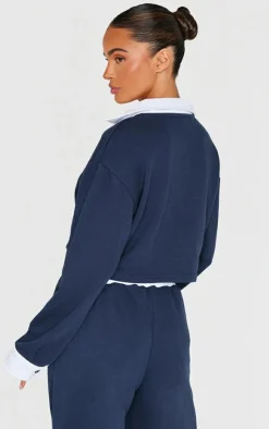 Discount PrettyLittleThing Contrast Panel Collared Cropped Sweatshirt Navy