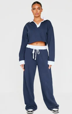 Discount PrettyLittleThing Contrast Panel Collared Cropped Sweatshirt Navy