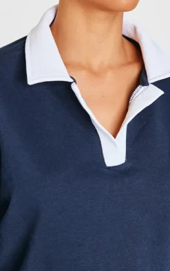 Discount PrettyLittleThing Contrast Panel Collared Cropped Sweatshirt Navy