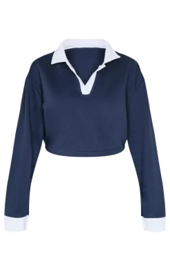 Discount PrettyLittleThing Contrast Panel Collared Cropped Sweatshirt Navy