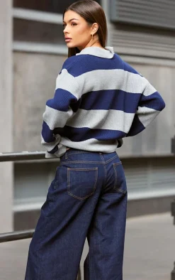 PrettyLittleThing Knitted Tops*Contrast Stripe Button Through Thick Rib Knit Rugby Top