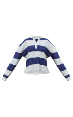 PrettyLittleThing Knitted Tops*Contrast Stripe Button Through Thick Rib Knit Rugby Top