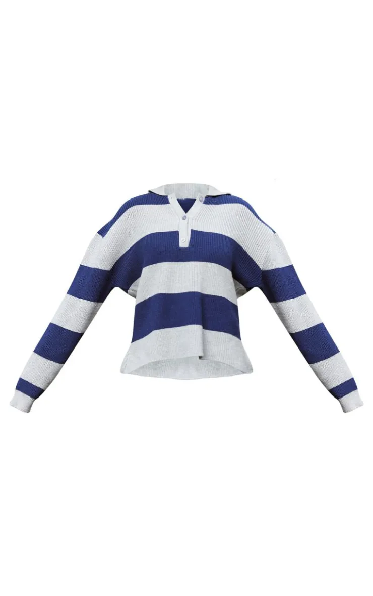 PrettyLittleThing Knitted Tops*Contrast Stripe Button Through Thick Rib Knit Rugby Top