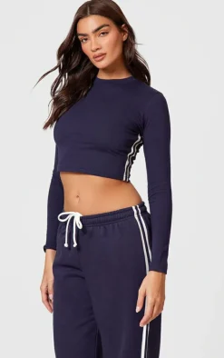Online PrettyLittleThing Contrast Stripe Long Sleeve Fitted Top Navy