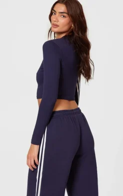 Online PrettyLittleThing Contrast Stripe Long Sleeve Fitted Top Navy
