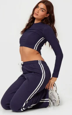Online PrettyLittleThing Contrast Stripe Long Sleeve Fitted Top Navy