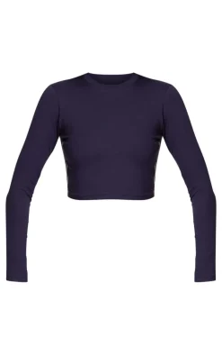 Online PrettyLittleThing Contrast Stripe Long Sleeve Fitted Top Navy