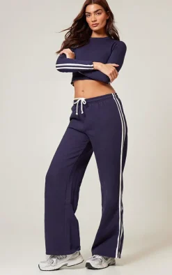 Online PrettyLittleThing Contrast Stripe Wide Leg Sweatpants Navy