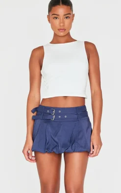 Navy Double Belt Detail Puffball Mini Skirt