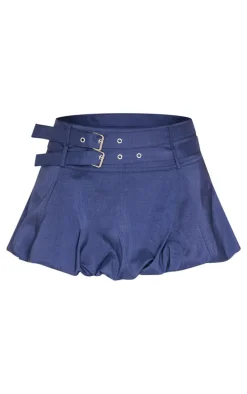 Navy Double Belt Detail Puffball Mini Skirt