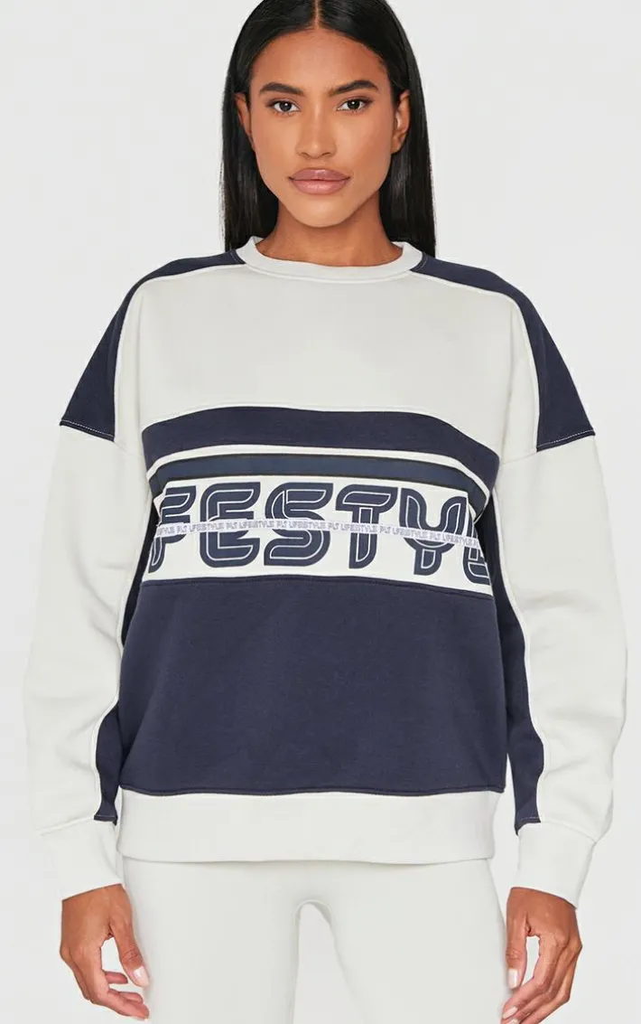 Navy Embroidered Contrast Oversized Varsity Sweatshirt