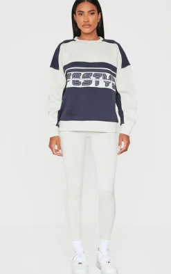 Navy Embroidered Contrast Oversized Varsity Sweatshirt