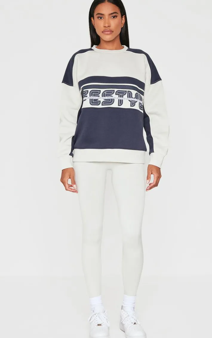 Navy Embroidered Contrast Oversized Varsity Sweatshirt