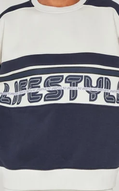 Navy Embroidered Contrast Oversized Varsity Sweatshirt