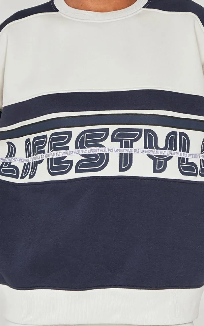 Navy Embroidered Contrast Oversized Varsity Sweatshirt