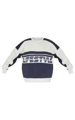 Navy Embroidered Contrast Oversized Varsity Sweatshirt