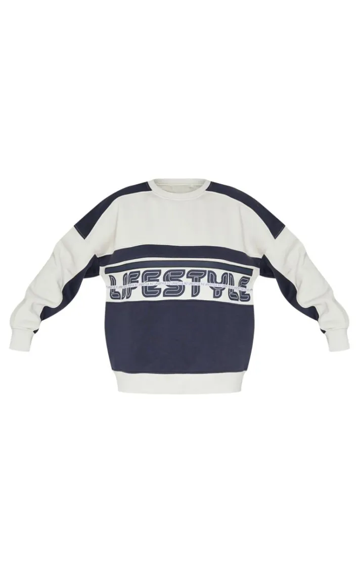 Navy Embroidered Contrast Oversized Varsity Sweatshirt