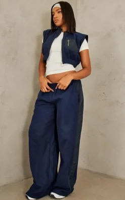 Outlet PrettyLittleThing Fleece Contrast Mid Rise Wide Leg Sweatpants Navy